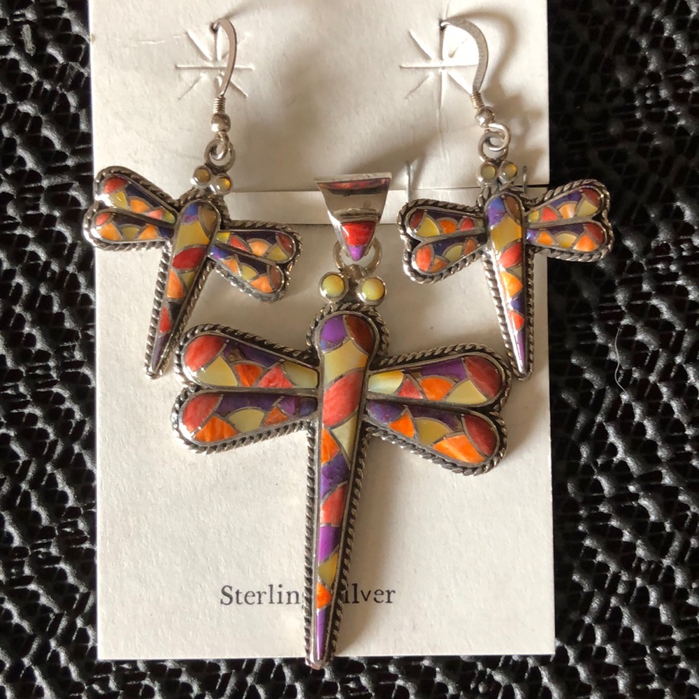 Dragonfly pendant and earrings